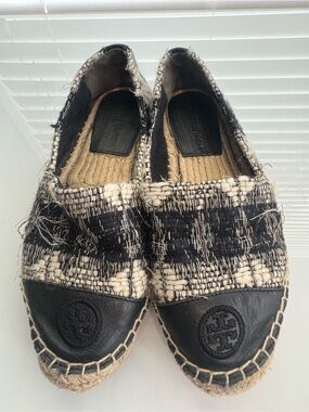 Tory Burch Tweed Leather Espadrille Flat Loafers Black White Color Block Sz 6.5